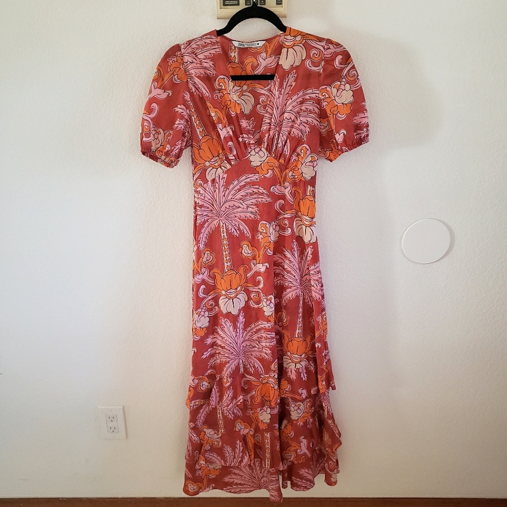 Zara Floral Wrap Midi in Red and Orange Ruffled Tiered Skirt XS - Picture 2 of 10